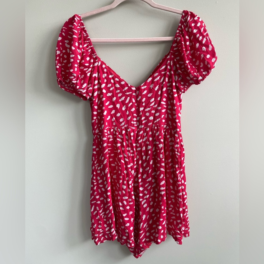 Lulu's Hey Sunny Red Dotted Short Sleeve Romper in Red - Picture 8 of 10